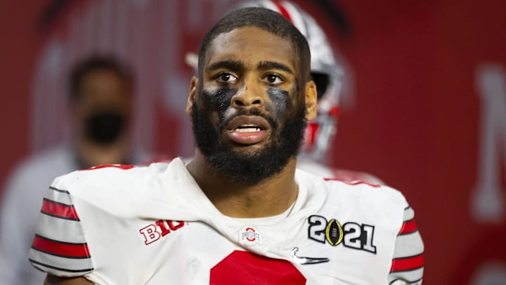 Jan 11, 2021; Miami Gardens, Florida, USA; Ohio State Buckeyes defensive end Jonathon Cooper (0) against the Alabama Crimson Tide in the 2021 CFP National Championship Game. Mandatory Credit: Mark J. Rebilas-Imagn Images