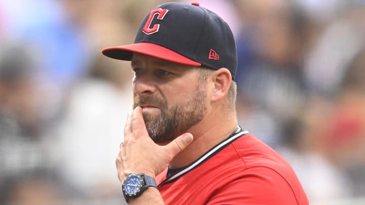 Jul 30, 2025; Cleveland, Ohio, USA; Cleveland Guardians manager Stephen Vogt (12) in the second inning against the Colorado Rockies at Progressive Field. Mandatory Credit: David Richard-Imagn Images Jul 30, 2025; Cleveland, Ohio, USA; Cleveland Guardians manager Stephen Vogt (12) in the second inning against the Colorado Rockies at Progressive Field. Mandatory Credit: David Richard-Imagn Images