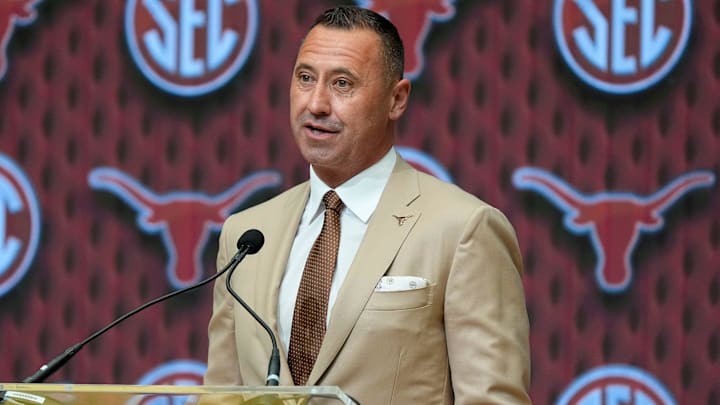 July 15, 2025; Atlanta, GA, USA; Texas head coach Steve Sarkisian speaks during SEC Media Days at the College Football Hall of Fame in Atlanta.