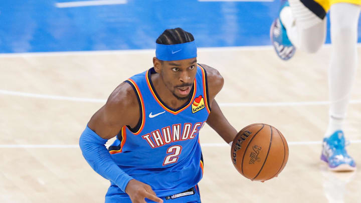 Jun 22, 2025; Oklahoma City, Oklahoma, USA; Oklahoma City Thunder guard Shai Gilgeous-Alexander (2) dribbles the ball against the Indiana Pacers during the first half of game seven of the 2025 NBA Finals at Paycom Center. Mandatory Credit: Alonzo Adams-Imagn Images