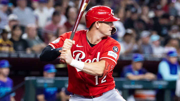 Aug 24, 2025; Phoenix, Arizona, USA; Cincinnati Reds outfielder Austin Hays against the Arizona Diamondbacks at Chase Field. Mandatory Credit: Mark J. Rebilas-Imagn Images