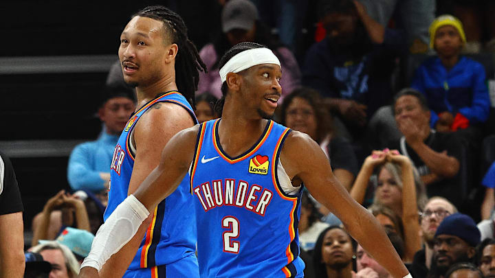 Feb 8, 2025; Memphis, Tennessee, USA; Oklahoma City Thunder forward Jalen Williams (8) and guard Shai Gilgeous-Alexander (2) react during the third quarter against the Memphis Grizzlies at FedExForum. Mandatory Credit: Petre Thomas-Imagn Images Feb 8, 2025; Memphis, Tennessee, USA; Oklahoma City Thunder forward Jalen Williams (8) and guard Shai Gilgeous-Alexander (2) react during the third quarter against the Memphis Grizzlies at FedExForum. Mandatory Credit: Petre Thomas-Imagn Images