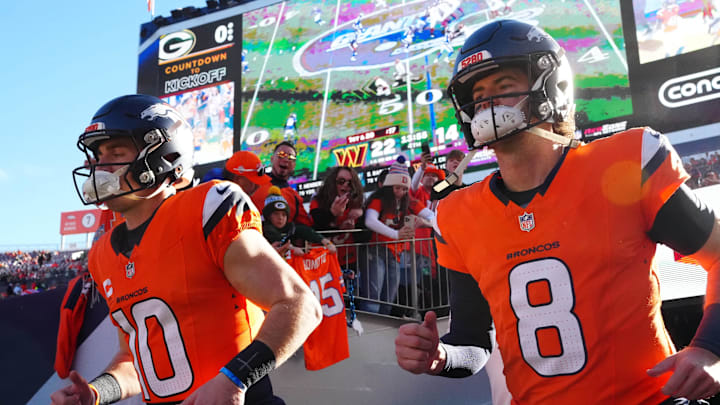 Denver Broncos quarterbacks Bo Nix and Jarrett Stidham