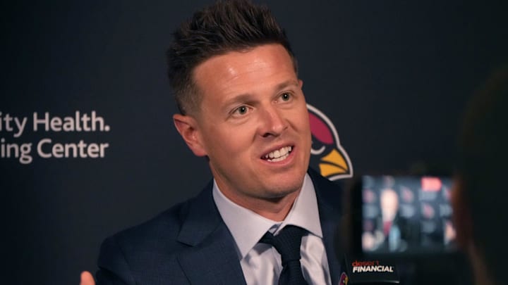 Arizona Cardinals head coach Mike LaFleur speaks during a press conference at the Arizona Cardinals facility in Tempe after the first round of the NFL Draft on April 23, 2026.