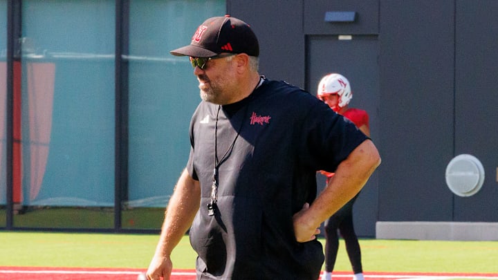 Nebraska head coach Matt Rhule looks over a linemen drill. Nebraska head coach Matt Rhule looks over a linemen drill.