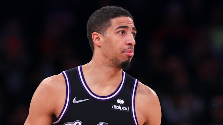 Jan 31, 2022; New York, New York, USA; Sacramento Kings guard Tyrese Haliburton (0) dribbles up court  against the New York Knicks during the first half at Madison Square Garden. Mandatory Credit: Vincent Carchietta-Imagn Images