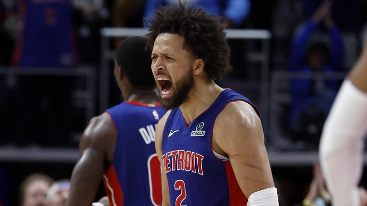 Nov 10, 2025; Detroit, Michigan, USA;  Detroit Pistons guard Cade Cunningham (2) celebrates in overtime against the Washington Wizards at Little Caesars Arena. Mandatory Credit: Rick Osentoski-Imagn Images