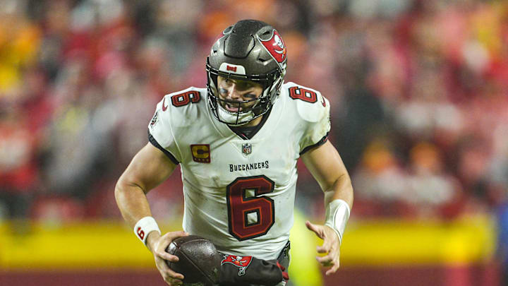 Nov 4, 2024; Kansas City, Missouri, USA; Tampa Bay Buccaneers quarterback Baker Mayfield (6) runs the ball during the second half against the Tampa Bay Buccaneers at GEHA Field at Arrowhead Stadium. Mandatory Credit: Jay Biggerstaff-Imagn Images