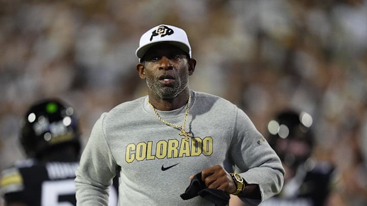 Sep 20, 2025; Boulder, Colorado, USA; Colorado Buffaloes head coach Deion Sanders before the game against the Wyoming Cowboys at Folsom Field. Mandatory Credit: Ron Chenoy-Imagn Images