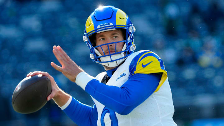Los Angeles Rams quarterback Matthew Stafford (9) prepares for the game, Sunday, December 22, 2024, at East Rutherford.
