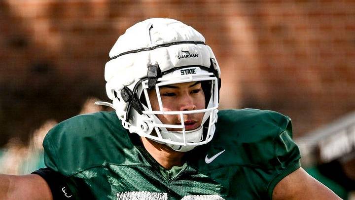 Michigan State offensive lineman Rustin Young, right, and Stanton Ramil work out during football practice on Tuesday, April 8, 2025, in East Lansing. Michigan State offensive lineman Rustin Young, right, and Stanton Ramil work out during football practice on Tuesday, April 8, 2025, in East Lansing.