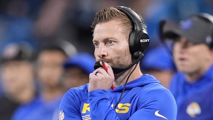 Jan 10, 2026; Charlotte, NC, USA; Los Angeles Rams head coach Sean McVay in the first half during the NFC Wild Card Round game at Bank of America Stadium. Mandatory Credit: Jim Dedmon-Imagn Images