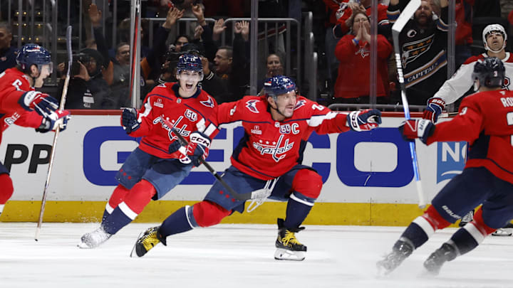 Washington Capitals left wing Alex Ovechkin celebrates after scoring the game-winning goal in overtime against the Montreal Canadiens.