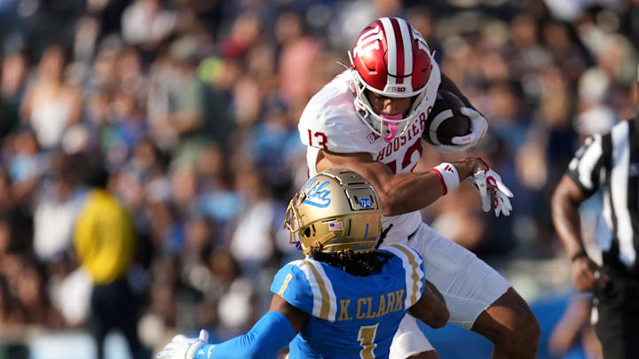Indiana receiver Elijah Sarratt carries the ball against UCLA on Sept. 14, 2024, in the first half at Rose Bowl. Indiana receiver Elijah Sarratt carries the ball against UCLA on Sept. 14, 2024, in the first half at Rose Bowl.