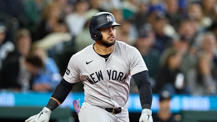 May 14, 2025; Seattle, Washington, USA; New York Yankees left fielder Jasson Dominguez (24) hits an RBI doube against the Seattle Mariners during the sixth inning at T-Mobile Park. Mandatory Credit: John Froschauer-Imagn Images