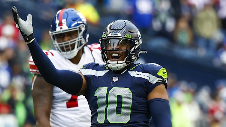 Oct 30, 2022; Seattle, Washington, USA; Seattle Seahawks linebacker Uchenna Nwosu (10) celebrates following a sack against the New York Giants during the fourth quarter at Lumen Field. Oct 30, 2022; Seattle, Washington, USA; Seattle Seahawks linebacker Uchenna Nwosu (10) celebrates following a sack against the New York Giants during the fourth quarter at Lumen Field.