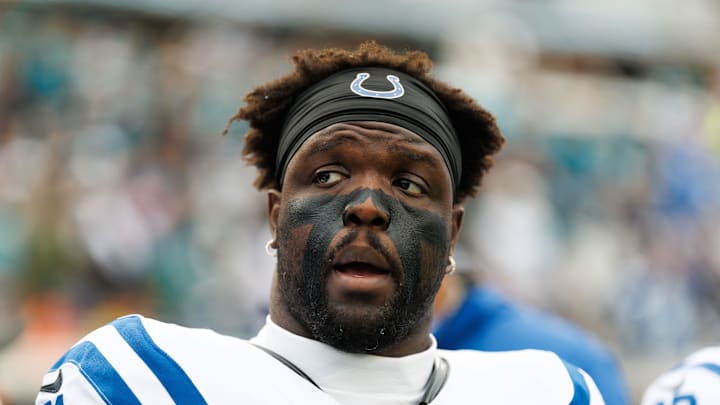 Indianapolis Colts defensive end Kwity Paye looks on