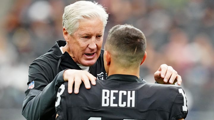 Oct 12, 2025; Paradise, Nevada, USA; Las Vegas Raiders wide receiver Jack Bech (18) and Las Vegas Raiders head coach Pete Carroll talk before the game against the Tennessee Titans at Allegiant Stadium. Mandatory Credit: Stephen R. Sylvanie-Imagn Images Oct 12, 2025; Paradise, Nevada, USA; Las Vegas Raiders wide receiver Jack Bech (18) and Las Vegas Raiders head coach Pete Carroll talk before the game against the Tennessee Titans at Allegiant Stadium. Mandatory Credit: Stephen R. Sylvanie-Imagn Images
