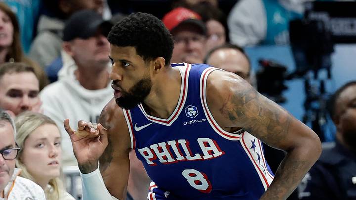 Mar 28, 2026; Charlotte, North Carolina, USA; Philadelphia 76ers forward Paul George (8) celebrates after making a basket during the fourth quarter against the Charlotte Hornets at Spectrum Center. Mandatory Credit: Brian Westerholt-Imagn Images Mar 28, 2026; Charlotte, North Carolina, USA; Philadelphia 76ers forward Paul George (8) celebrates after making a basket during the fourth quarter against the Charlotte Hornets at Spectrum Center. Mandatory Credit: Brian Westerholt-Imagn Images