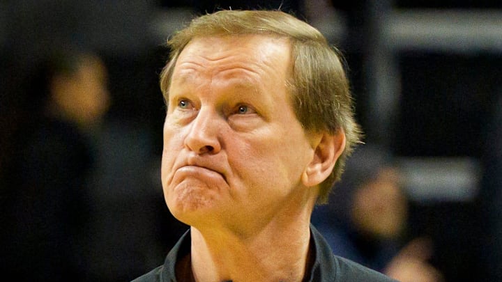 Oregon head coach Dana Altman looks toward the scoreboard as he walks off the court as the Oregon Ducks host the Minnesota Golden Gophers on Feb. 17, 2026, at Matthew Knight Arena in Eugene, Oregon.