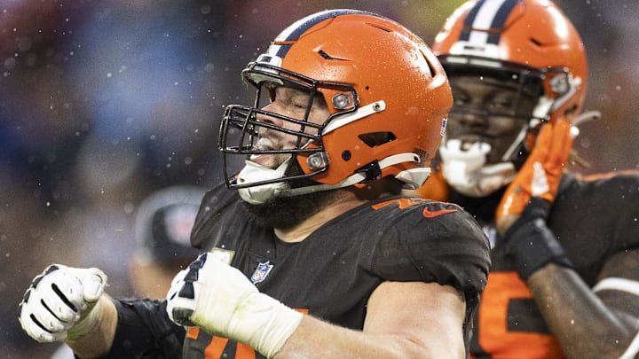Nov 27, 2022; Cleveland, Ohio, USA; Cleveland Browns guard Joel Bitonio (75) celebrates the team   s overtime win against the Tampa Bay Buccaneers at FirstEnergy Stadium. Mandatory Credit: Scott Galvin-Imagn Images