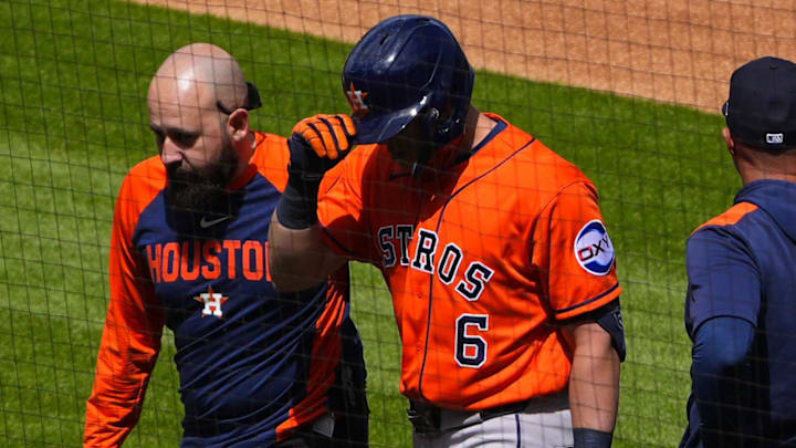 Apr 8, 2026; Denver, Colorado, USA; Houston Astros center fielder Jake Meyers (6) leaves the field due to an injury in the second inning against the Colorado Rockies at Coors Field. Mandatory Credit: Ron Chenoy-Imagn Images