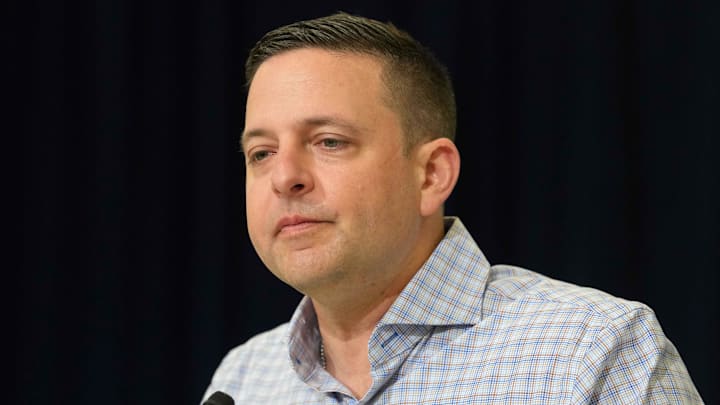 New England Patriots general manager Eliot Wolf speaks at the NFL Scouting Combine at the Indiana Convention Center. 