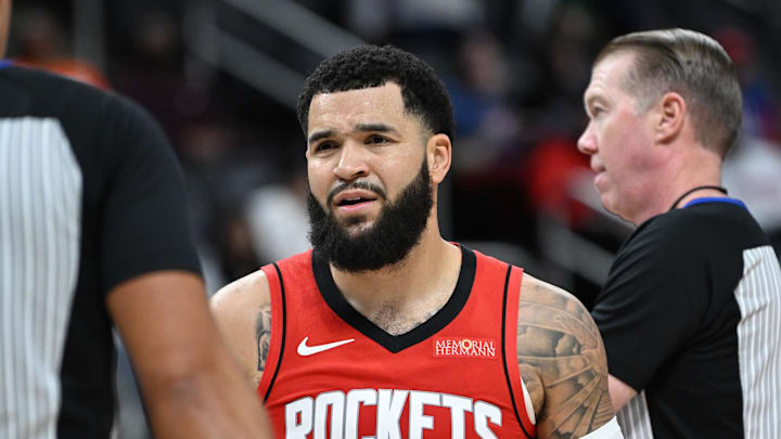 Nov 10, 2024; Detroit, Michigan, USA;  Houston Rockets guard Fred VanVleet (5) looks at official John Conley (56) after being called for a foul against the Detroit Pistons in the second quarter at Little Caesars Arena. Mandatory Credit: Lon Horwedel-Imagn Images