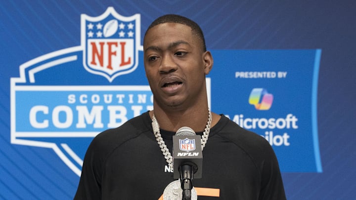 Feb 28, 2025; Indianapolis, IN, USA; Colorado wideout Lajohntay Wester (WO46) talks to the press during the 2025 NFL Combine at Indiana Convention Center. 