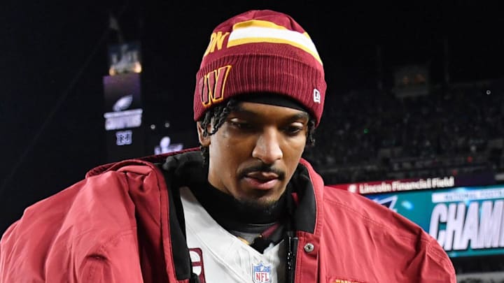 Jan 26, 2025; Philadelphia, PA, USA; Washington Commanders quarterback Jayden Daniels (5) walks off the field after losing the NFC Championship game against the Philadelphia Eagles at Lincoln Financial Field. Mandatory Credit: Eric Hartline-Imagn Images Jan 26, 2025; Philadelphia, PA, USA; Washington Commanders quarterback Jayden Daniels (5) walks off the field after losing the NFC Championship game against the Philadelphia Eagles at Lincoln Financial Field. Mandatory Credit: Eric Hartline-Imagn Images