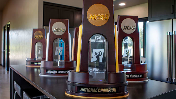 Oregon golf trophy s await placement in a display case at the new Peter and Jan Jacobsen Oregon Golf Teach Facility at Emerald Valley Golf Club in Creswell Thursday, Oct. 12, 2023. Oregon golf trophy s await placement in a display case at the new Peter and Jan Jacobsen Oregon Golf Teach Facility at Emerald Valley Golf Club in Creswell Thursday, Oct. 12, 2023.