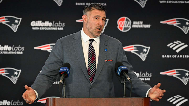 Jan 13, 2025; Foxborough, MA, USA; Mike Vrabel addresses media at a press conference to announce his hiring as the head coach of the New England Patriots at Gillette Stadium. Mandatory Credit: Eric Canha-Imagn Images Jan 13, 2025; Foxborough, MA, USA; Mike Vrabel addresses media at a press conference to announce his hiring as the head coach of the New England Patriots at Gillette Stadium. Mandatory Credit: Eric Canha-Imagn Images