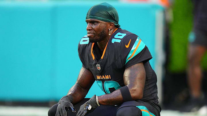 Sep 29, 2025; Miami Gardens, Florida, USA; Miami Dolphins wide receiver Tyreek Hill (10) practices before the game against the New York Jets at Hard Rock Stadium. Mandatory Credit: Rich Storry-Imagn Images Sep 29, 2025; Miami Gardens, Florida, USA; Miami Dolphins wide receiver Tyreek Hill (10) practices before the game against the New York Jets at Hard Rock Stadium. Mandatory Credit: Rich Storry-Imagn Images