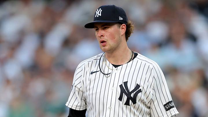 New York Yankees starting pitcher Cam Schlittler (31) reacts during the first inning against the Detroit Tigers at Yankee Stadium. New York Yankees starting pitcher Cam Schlittler (31) reacts during the first inning against the Detroit Tigers at Yankee Stadium.