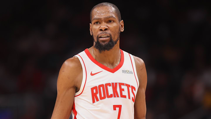 Houston Rockets forward Kevin Durant (7) reacts to a referee against the Atlanta Hawks in the second quarter at State Farm Arena.