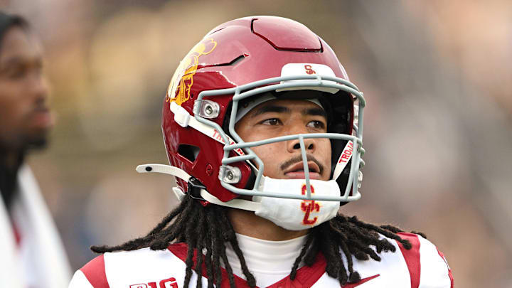 Sep 13, 2025; West Lafayette, Indiana, USA; Southern California Trojans wide receiver Makai Lemon (6) warms up before the game against the Purdue Boilermakers at Ross-Ade Stadium. Mandatory Credit: Marc Lebryk-Imagn Images