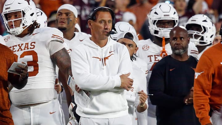 Texas Longhorns head coach Steve Sarkisian looks on during the third quarter against the Mississippi State Bulldogs at Davis Wade Stadium at Scott Field. Texas Longhorns head coach Steve Sarkisian looks on during the third quarter against the Mississippi State Bulldogs at Davis Wade Stadium at Scott Field.