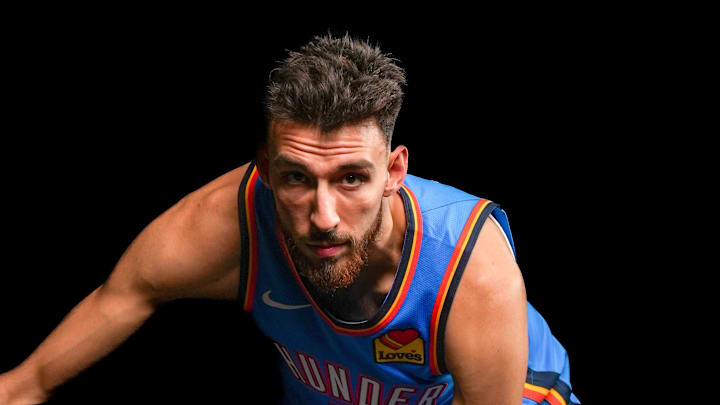 Oklahoma forward Chet Holmgren (7) poses for a photo shoot during Thunder media day at Paycom Center in Oklahoma City on Monday, Sept. 29, 2025. Oklahoma forward Chet Holmgren (7) poses for a photo shoot during Thunder media day at Paycom Center in Oklahoma City on Monday, Sept. 29, 2025.