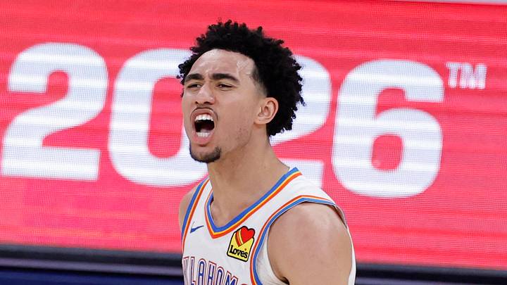 May 26, 2026; Oklahoma City, Oklahoma, USA; Oklahoma City Thunder guard Jared McCain (3) reacts after a basket during the fourth quarter against the San Antonio Spurs in game five of the western conference finals for the 2026 NBA playoffs at Paycom Center. Mandatory Credit: Alonzo Adams-Imagn Images