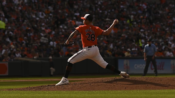 Jun 1, 2024; Baltimore, Maryland, USA;  Baltimore Orioles pitcher Kyle Bradish (38) throws a third inning pitch against the Tampa Bay Rays at Oriole Park at Camden Yards.