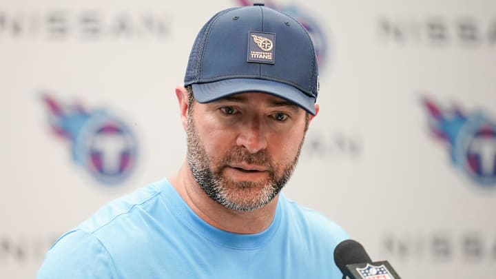 Tennessee Titans coach Brian Callahan takes questions after their 41-20 loss against the Indianapolis Colts at Nissan Stadium in Nashville, Tenn., Sunday, Sept. 21, 2025.
