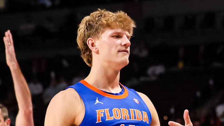 Jan 28, 2026; Columbia, South Carolina, USA; Florida Gators forward Thomas Haugh (10) celebrates a three point basket against the South Carolina Gamecocks in the second half at Colonial Life Arena. Mandatory Credit: Jeff Blake-Imagn Images