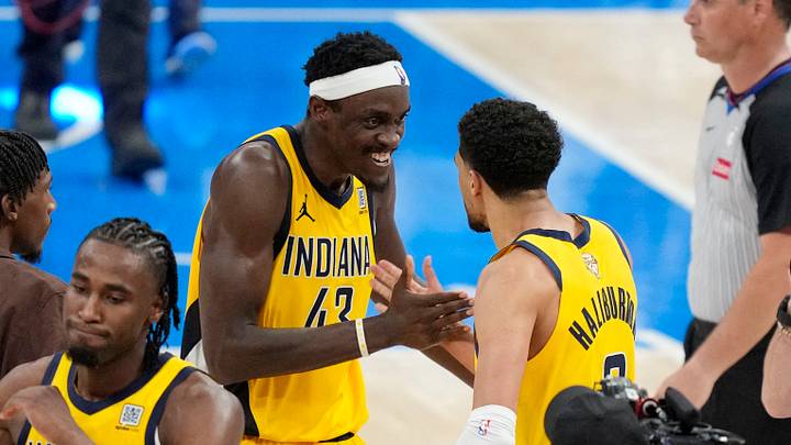 Jun 5, 2025; Oklahoma City, Oklahoma, USA; Indiana Pacers forward Pascal Siakam (43) celebrates with guard Tyrese Haliburton (0) after their win against the Oklahoma City Thunder in game one of the 2025 NBA Finals at Paycom Center. Mandatory Credit: Kyle Terada-Imagn Images Jun 5, 2025; Oklahoma City, Oklahoma, USA; Indiana Pacers forward Pascal Siakam (43) celebrates with guard Tyrese Haliburton (0) after their win against the Oklahoma City Thunder in game one of the 2025 NBA Finals at Paycom Center. Mandatory Credit: Kyle Terada-Imagn Images