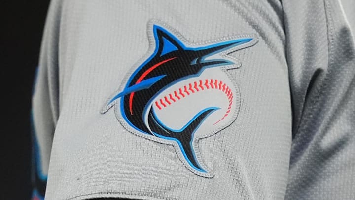 Aug 26, 2024; Denver, Colorado, USA; Detailed view of a Miami Marlins jersey emblem patch worn by Miami Marlins third base coach Griffin Benedict (81) during the sixth inning against the Colorado Rockies at Coors Field. Mandatory Credit: Ron Chenoy-Imagn Images