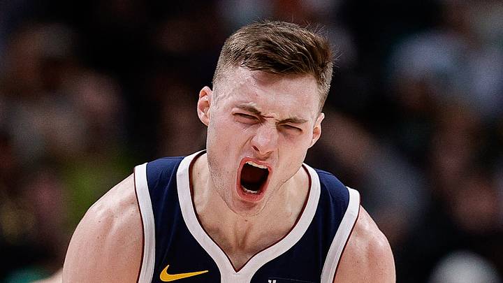 Denver Nuggets guard Christian Braun (0) reacts after a play in the third quarter against the Boston Celtics at Ball Arena, Jan 7, 2025. Denver Nuggets guard Christian Braun (0) reacts after a play in the third quarter against the Boston Celtics at Ball Arena, Jan 7, 2025.