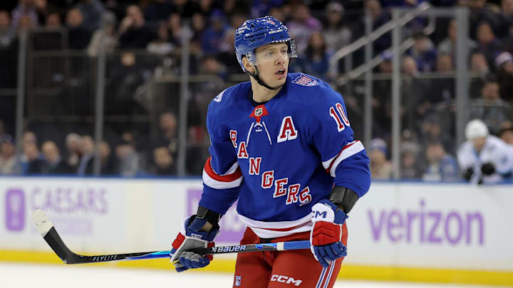 Jan 5, 2026; New York, New York, USA; New York Rangers left wing Artemi Panarin (10) skates against the Utah Mammoth during the second period at Madison Square Garden. Mandatory Credit: Brad Penner-Imagn Images