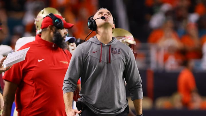 Oct 26, 2024; Miami Gardens, Florida, USA; Florida State Seminoles head coach Mike Norvell reacts from the sideline against the Miami Hurricanes during the fourth quarter at Hard Rock Stadium. Mandatory Credit: Sam Navarro-Imagn Images