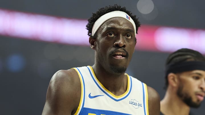 Indiana Pacers forward Pascal Siakam (43) looks on during a break in the action during the first half against the Portland Trail Blazers at Moda Center.