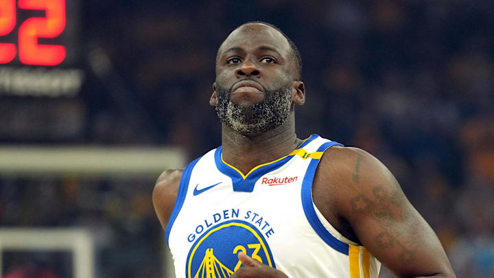 Apr 26, 2025; San Francisco, California, USA; Golden State Warriors forward Draymond Green (23) during the first quarter of game three of first round for the 2024 NBA Playoffs against the Houston Rockets at Chase Center. Mandatory Credit: Darren Yamashita-Imagn Images