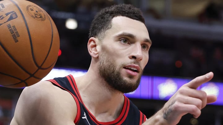 Dec 6, 2024; Chicago, Illinois, USA; Chicago Bulls guard Zach LaVine (8) celebrates after scoring against the Indiana Pacers during the second half at United Center. Mandatory Credit: Kamil Krzaczynski-Imagn Images Dec 6, 2024; Chicago, Illinois, USA; Chicago Bulls guard Zach LaVine (8) celebrates after scoring against the Indiana Pacers during the second half at United Center. Mandatory Credit: Kamil Krzaczynski-Imagn Images